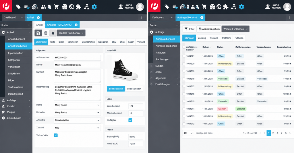Geteilter Bildschirm eines Produktmanagement-Dashboards: Links werden Details zu einem schwarzen Sneaker angezeigt, rechts eine Tabelle mit einer Bestellübersicht, die Bestellnummern, Daten, Kunden und Statusangaben wie „In Bearbeitung“ und „Versandt“ enthält.