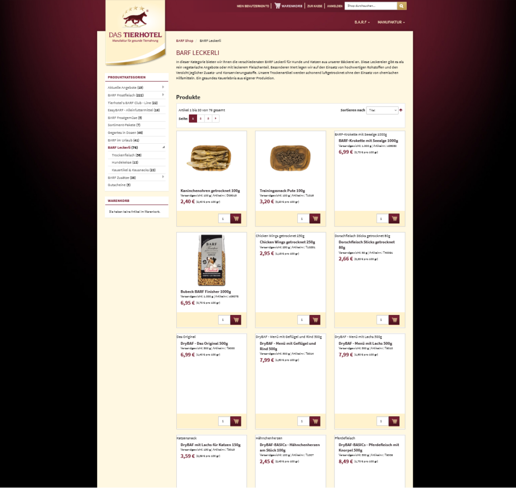 Screenshot einer Seite eines Online-Zoofachgeschäfts, auf der verschiedene Tierfutterprodukte mit Bildern, Preisen und Beschreibungen auf Deutsch in einem Rasterlayout dargestellt sind. Die linke Seitenleiste enthält Navigationslinks und Filter.