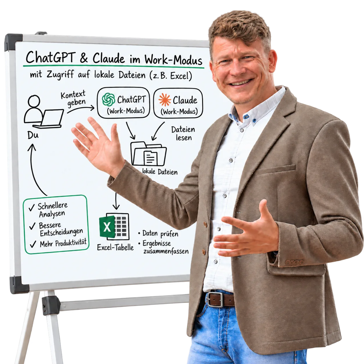 Ein Berater erklärt an einem Whiteboard wie ChatGPT und Claude im WorkModus benutzt werden könne um Excel-tabellen zu bearbeiten